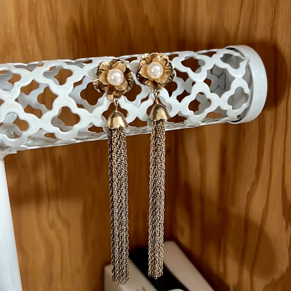 Golden/Copper Pearl Flower Earrings w/ Dangling Chains